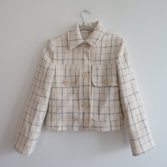 MANGO MNG Cropped Tweed Blazer in Cream Plaid Preppy Old Money Academia Size XS - Picture 2 of 13